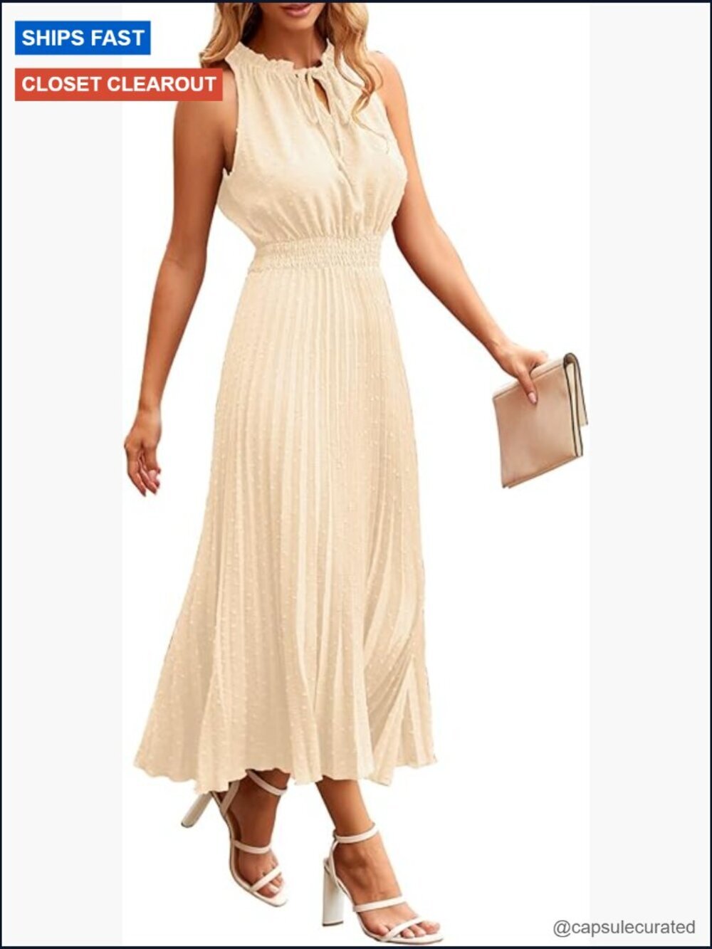 Women's Midi Summer Dress V Neck Swiss Dot Ruffle Sleeveless A Line Beach Sun